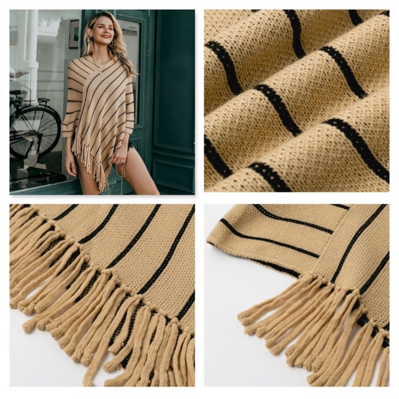 Striped Tan Faux Wrap Tassels Poncho - Picture 7 of 8